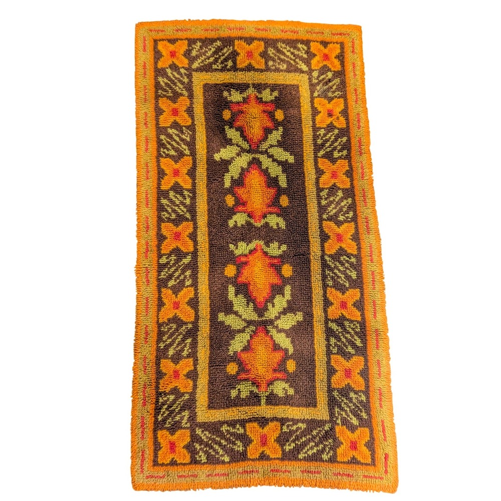 Vintage 70s Latch Hook LongRug Runner Brown Orange Floral Leaf Retro MCM 31x62